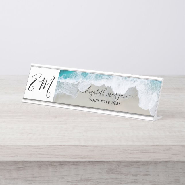Porte-nom Pour Bureau Plage de monogramme bleu vert élégant professionne (Devant)