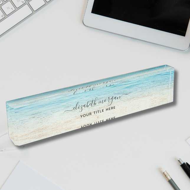 Porte-nom Pour Bureau Plage Été Personalisé Bleu Script Élégant (Créateur téléchargé)