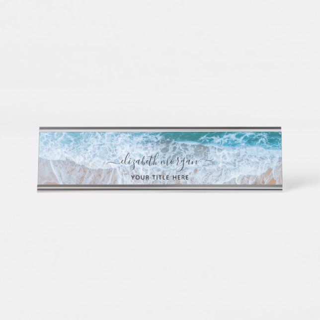Porte-nom Pour Bureau Plage Personnalisé Bleu Script Élégant (Devant)