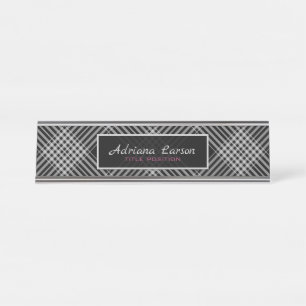 Porte-nom Pour Bureau Plaid Diagonale Gris Et Noir