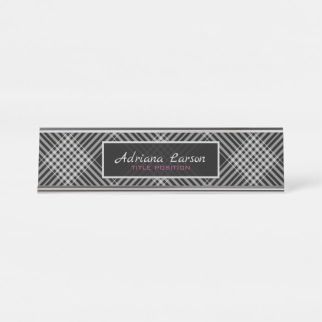 Porte-nom Pour Bureau Plaid Diagonale Gris Et Noir (Devant)
