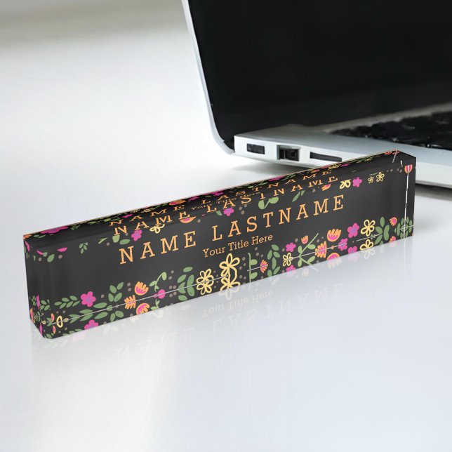 Porte-nom Pour Bureau Plutôt rose Floral Personnalisé noir bureau plaque (Créateur téléchargé)