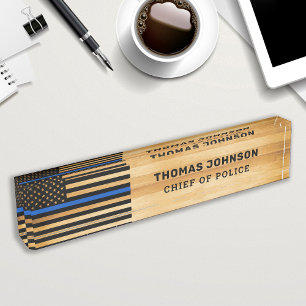 Porte-nom Pour Bureau Policier Russe Mince Ligne Bleue Drapeau Bois