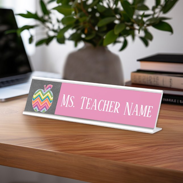 Porte-nom Pour Bureau Pomme enseignant personnalisée avec Motif Chevron  (Teacher Desk Name Plate - Great Teacher Appreciation Gift or Classroom Decor)
