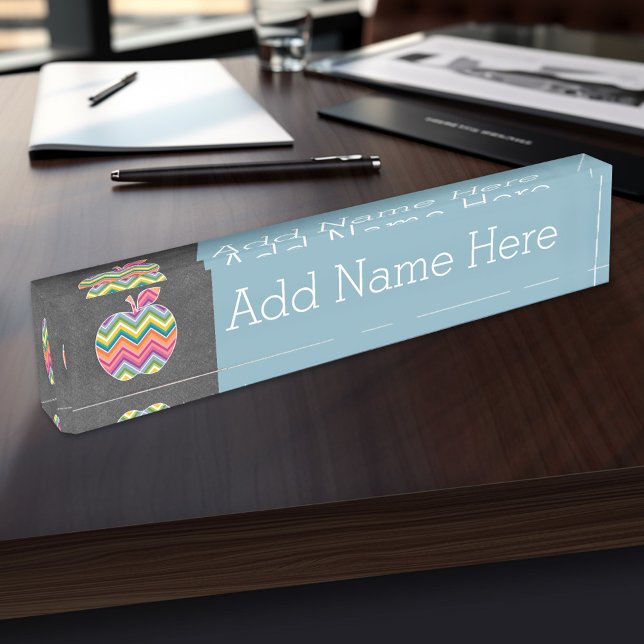 Porte-nom Pour Bureau Pomme enseignant personnalisée avec Motif Chevron  (Personalized Teacher Name Plate)
