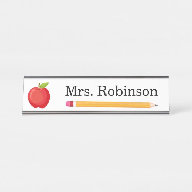 Porte-nom Pour Bureau Pomme et crayon enseignant moderne (Devant)