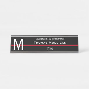 Porte-nom Pour Bureau Pompier de la ligne rouge mince Monogramme initial