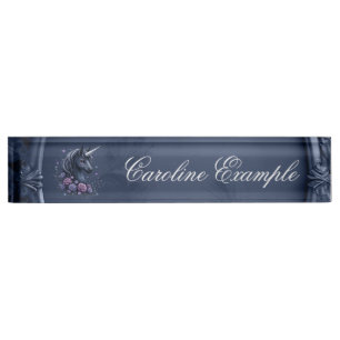 Porte-nom Pour Bureau Portrait Unicorne foncé dans un cadre rond
