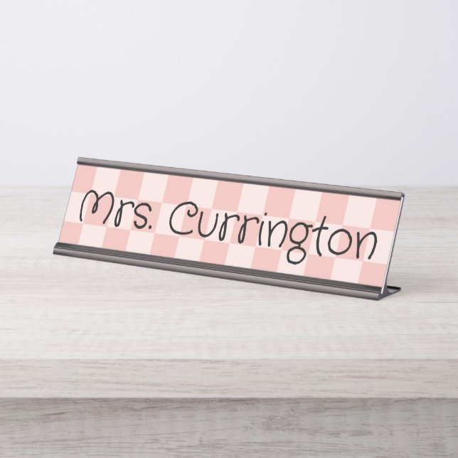 Porte-nom Pour Bureau Professeur à carreaux rose corail (Devant)