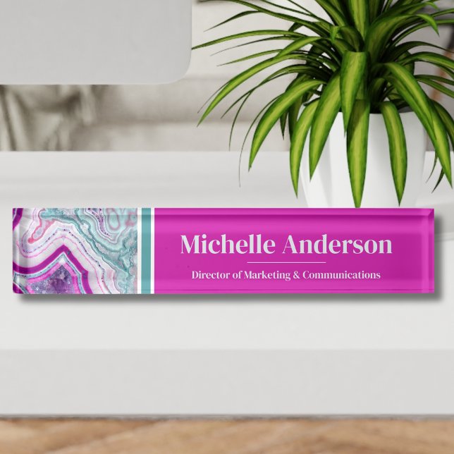 Porte-nom Pour Bureau Professionnel Moderne Agate Élégant (Modern Teal Magenta Agate Desk Name Plate)
