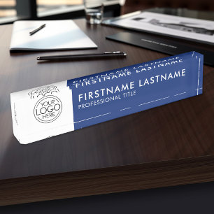 Porte-nom Pour Bureau Professionnel, Moderne Bleu Blanc Logo, Nom, Titre