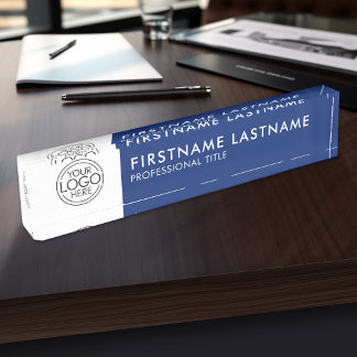 Porte-nom Pour Bureau Professionnel, Moderne Bleu Blanc Logo, Nom, Titre