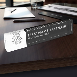 Porte-nom Pour Bureau Professionnel, Noir Blanc Moderne Logo, Nom, Titre