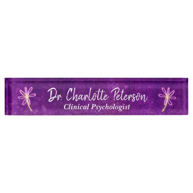 Porte-nom Pour Bureau Purple Neon Daisy Psychologue Floral (Devant)