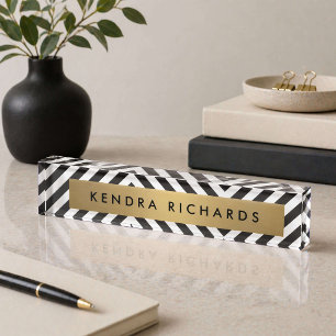 Porte-nom Pour Bureau Rayure Noir Blanc Or Minimaliste Moderne