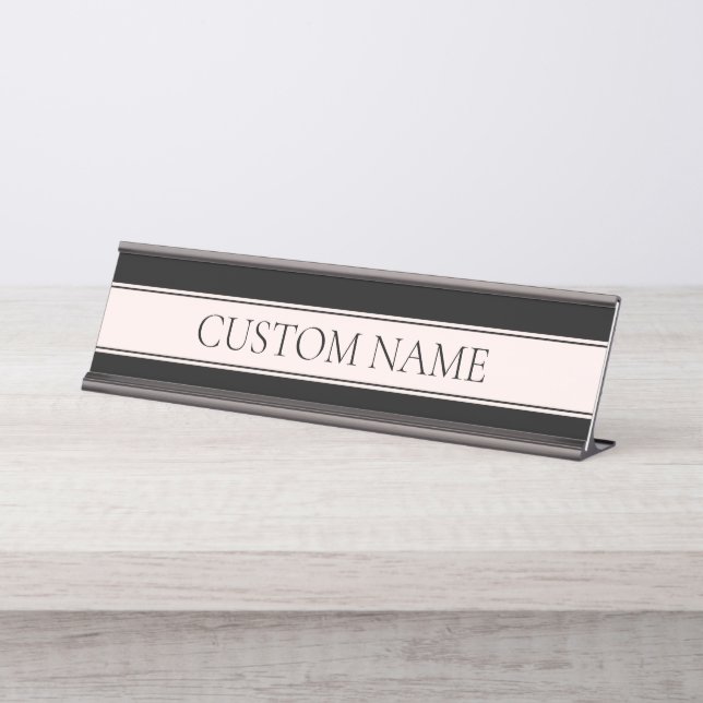 Porte-nom Pour Bureau Rayure rose pâle et texte éditable élégant (Devant)