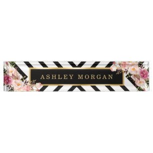 Porte-nom Pour Bureau Rayures florales à la mode de blanc de noir de