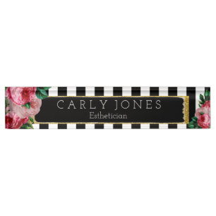 Porte-nom Pour Bureau Rayures noires et plaque signalétique florale de