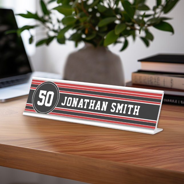 Porte-nom Pour Bureau Red Black Team Jersey Fan Gear Nom Numéro (Personalized Sports Theme Desk Name Plate - Great Coach Appreciation Gift or Locker room Decor)