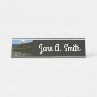 Porte-nom Pour Bureau Reflet du lac du mont Rainier avec des fleurs sauv