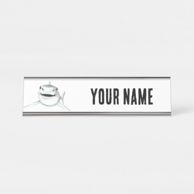 Porte-nom Pour Bureau requin d'aquarelle souriant gris vert vert animal  (Devant)