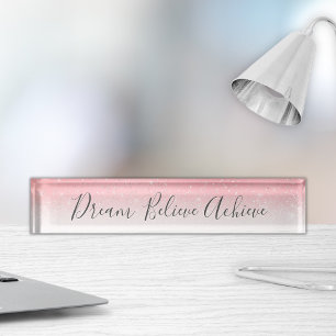 Porte-nom Pour Bureau Rêver Croire Atteindre Motivationnel Pink Silver
