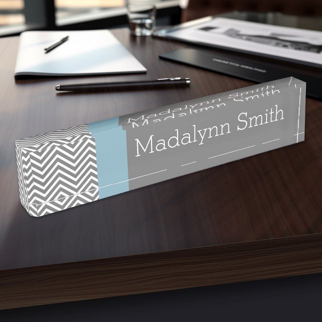 Porte-nom Pour Bureau Robin Oeuf Bleu et Gris Chevrons Nom personnalisé (Personalized Name Plate for the Office, School or Home)
