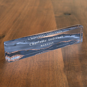 Porte-nom Pour Bureau Rose bleu or agate marbre nom
