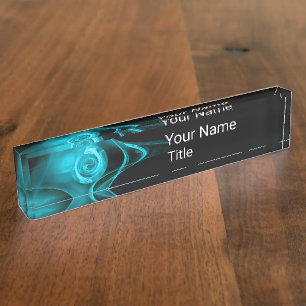 Porte-nom Pour Bureau ROSE DE FRACTAL BLEU turquoise EN NOIR, Éperons Ab