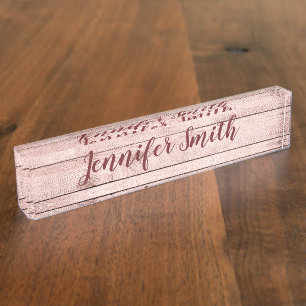 Porte-nom Pour Bureau Rose de lumière personnalisé Gold Rustic Bois phot