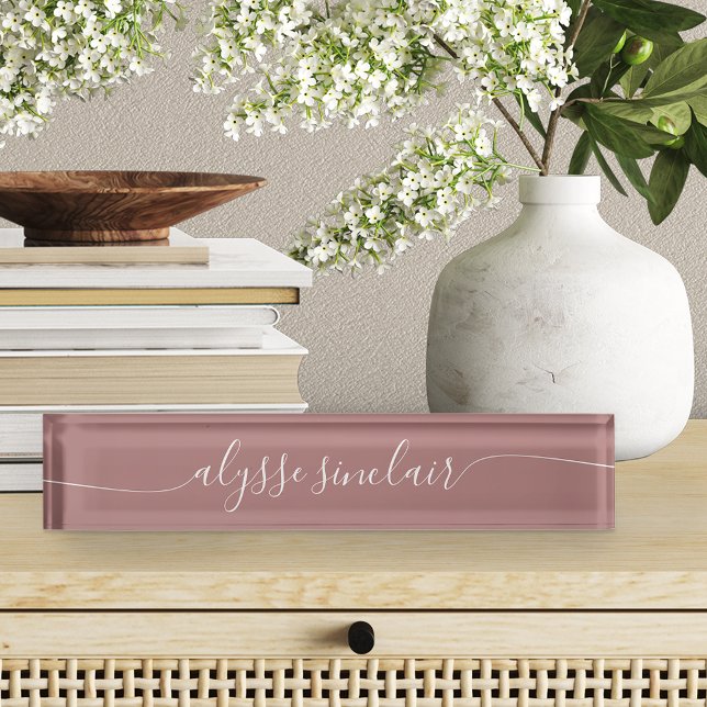 Porte-nom Pour Bureau Rose Dusty Mauve Élégant script de calligraphie (Créateur téléchargé)