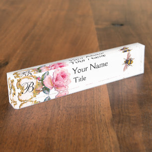 PORTE-NOM POUR BUREAU ROSE FLORAUX, DE ROSE ET MONOGRAMME ÉLÉGANTS