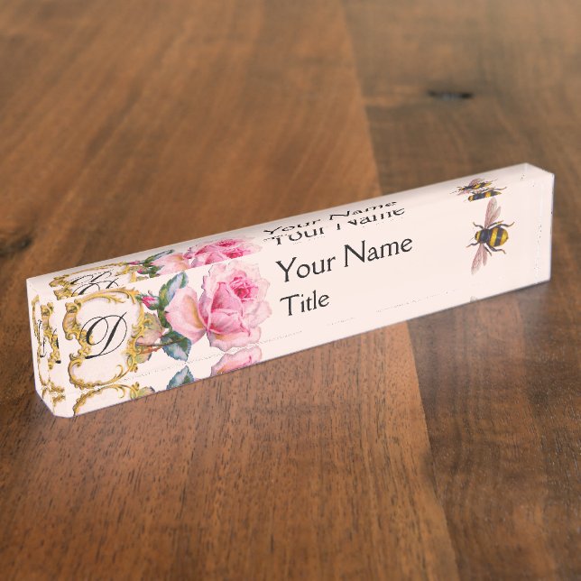 PORTE-NOM POUR BUREAU ROSE FLORAUX, DE ROSE ET MONOGRAMME ÉLÉGANTS (Taille)