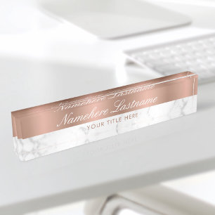 Porte-nom Pour Bureau Rose Gold Blanc Gris Marbre Élégant Script