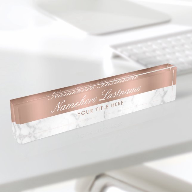 Porte-nom Pour Bureau Rose Gold Blanc Gris Marbre Élégant Script (Créateur téléchargé)