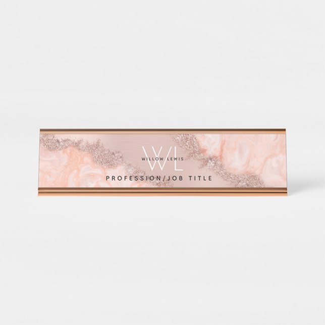 Porte-nom Pour Bureau Rose Gold Blush rose Agate Géode Parties scintilla (Devant)