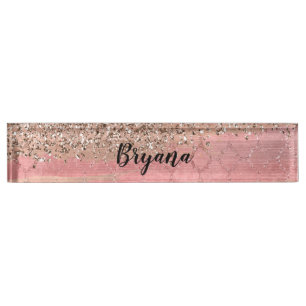 Porte-nom Pour Bureau Rose Gold Blush Rose Glam Paillettes Chic