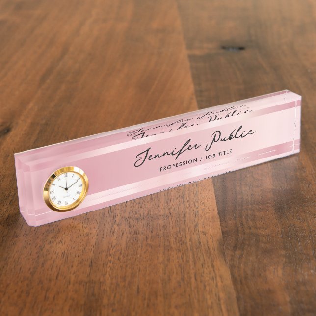 Porte-nom Pour Bureau Rose Gold Desk Name Plate With Clock Calligraphy (Taille)