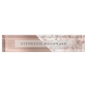 Porte-nom Pour Bureau Rose Gold Élégant Métal Brossé Marbre Rose