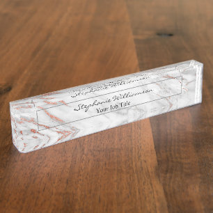 Porte-nom Pour Bureau Rose Gold et Marbre Blanc Élégant Moderne