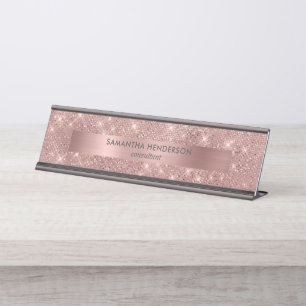 Porte-nom Pour Bureau Rose Gold Faux Shimmer et Foil