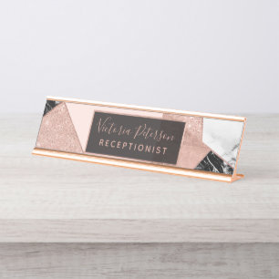 Porte-nom Pour Bureau Rose gold glitter white marble geometric
