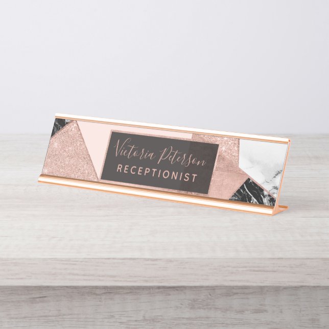 Porte-nom Pour Bureau Rose gold glitter white marble geometric (Devant)