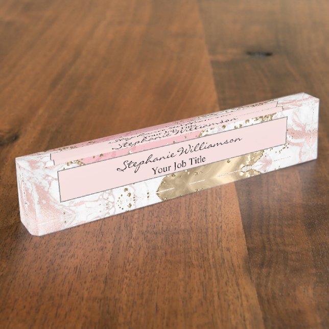 Porte-nom Pour Bureau Rose Gold & Marbre Blanc Élégant Nom de Bureau Mod (Taille)