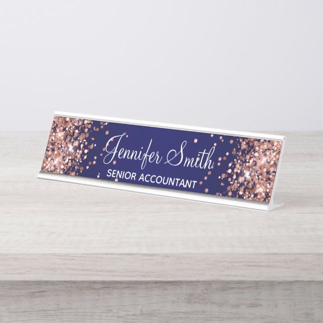 Porte-nom Pour Bureau Rose Gold Pailleté Dégradé Bleu Nuit (Devant)