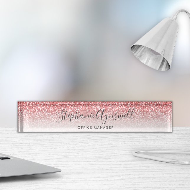 Porte-nom Pour Bureau Rose Gold Parties scintillant Ombre Script tendanc (Créateur téléchargé)