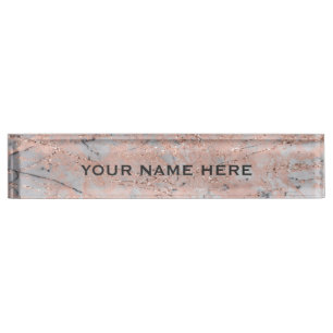 Porte-nom Pour Bureau Rose Gold Rose Marbre Paillettes Glam Personnalisé