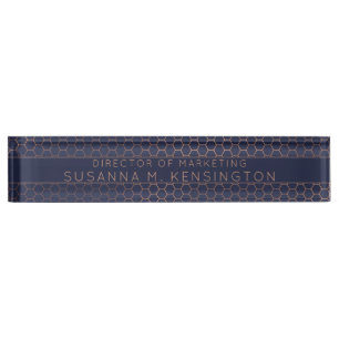 Porte-nom Pour Bureau Rose moderne Gold Foil Marine bleu Hexagon géométr