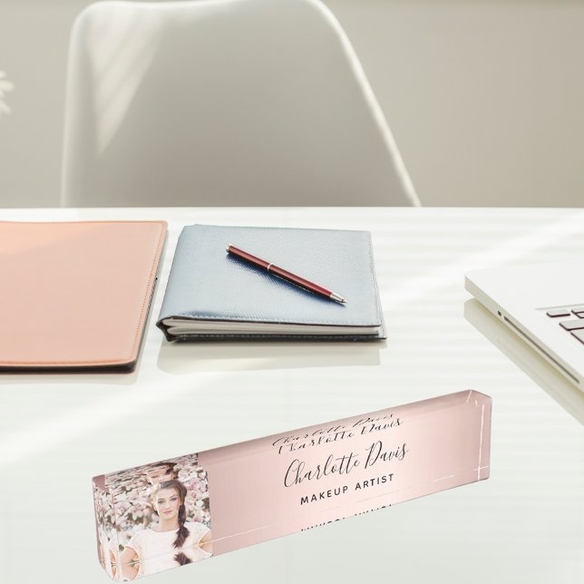 Porte-nom Pour Bureau Rose or photo monogramme signature moderne (Créateur téléchargé)