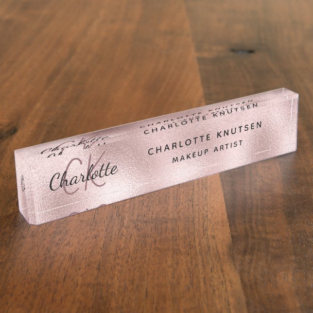 Porte-nom Pour Bureau Rose or rose monogramme moderne professionnel (Taille)